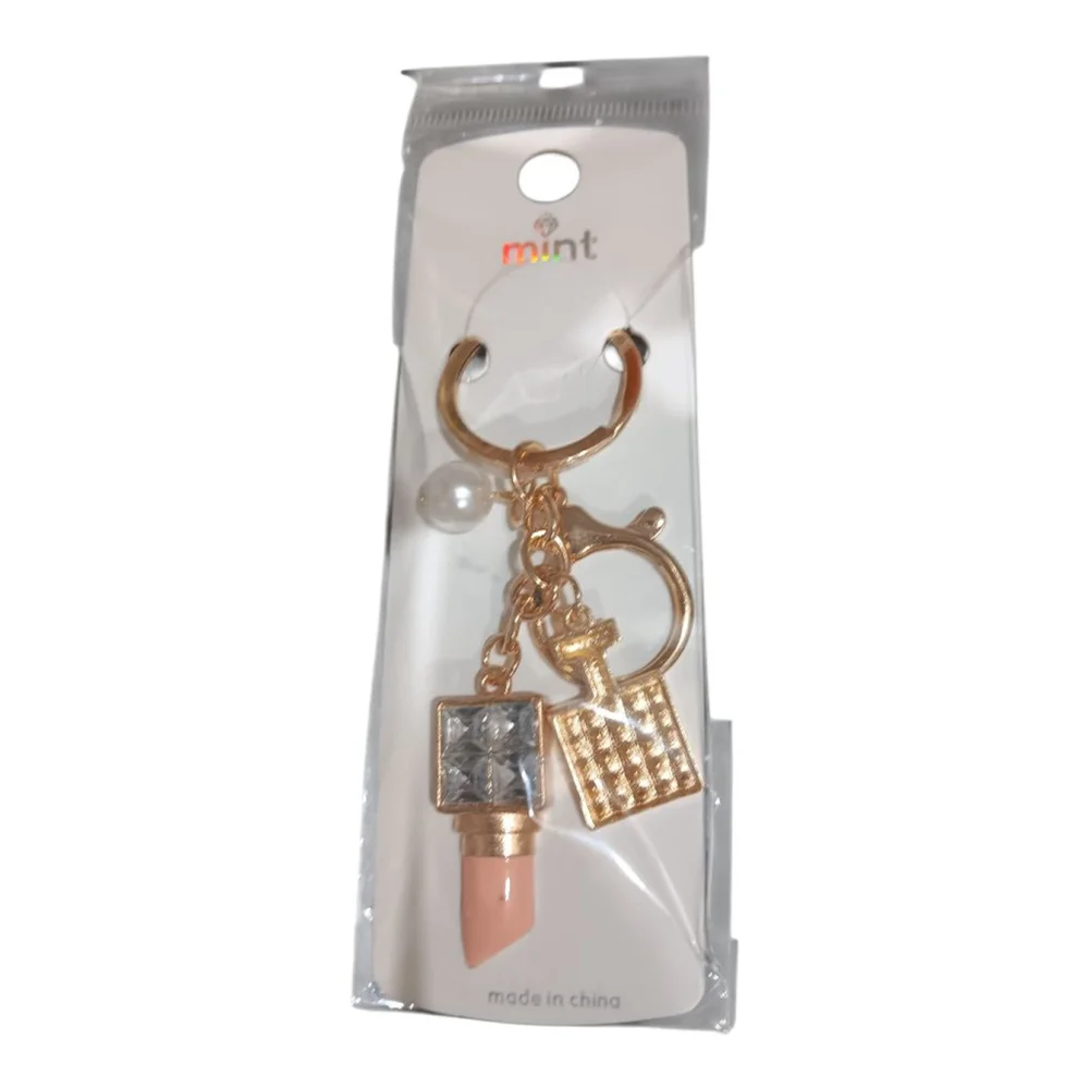 Lipstick, Perfume Bottle, Pearl Rhinestone Purse Charm Keychain in Blush Bling